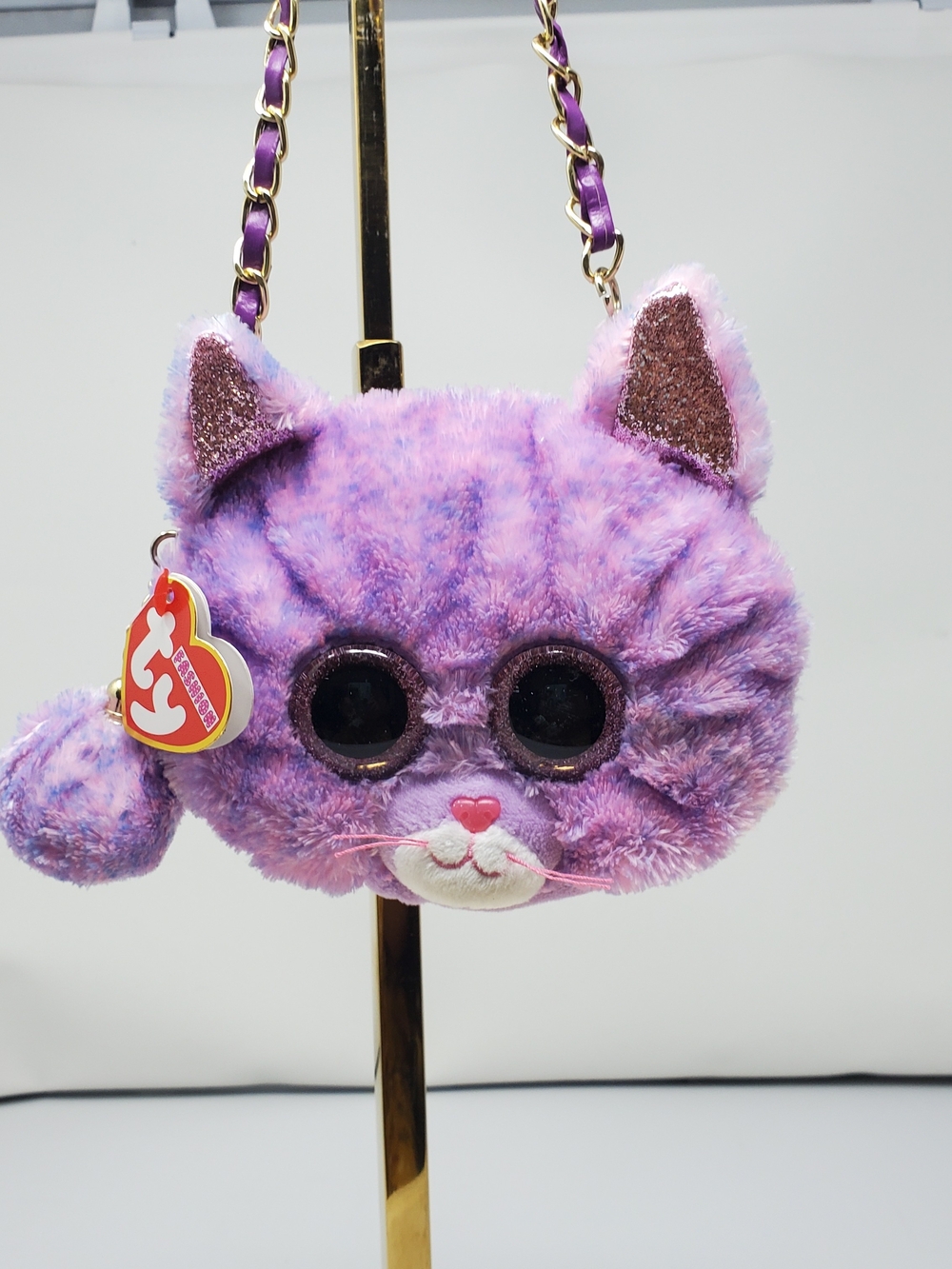 Ty Purple Plush Cat Crossbody Bag with Gold Chain